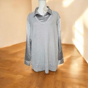 White Stag Woman's Xl  Gray Silver Knit Sweater w/ Satin Collar Faux Layer.SEARS